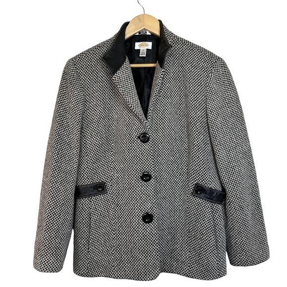 Talbots Coat/Blazer Wool Herringbone Womens 12 Pockets Leather Collar Academia - Picture 1 of 16